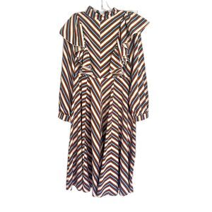 Stripped Dress with Ruffles Midi Size S Neutral Colors Long Sleeve